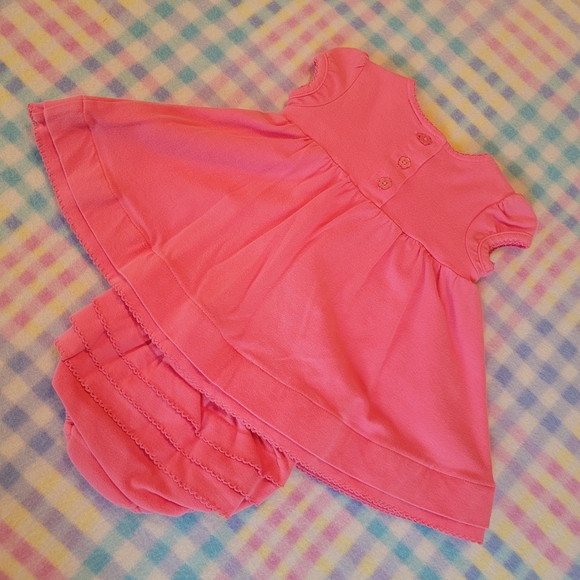 LITTLE ME 🌺 Vintage 2pc Coral Smocked Floral Embroidery Ruffled Dress Outfit 3M - Picture 8 of 17